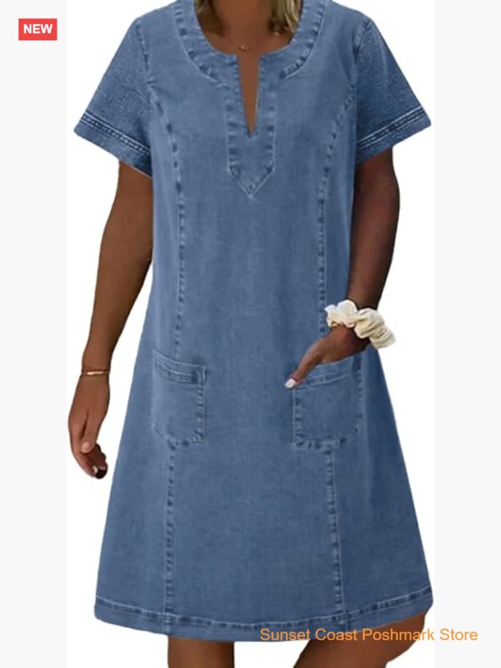Women's Denim Shift Dress Short Sleeve V-Neck Babydoll Casual Summer Jean Dress - Picture 1 of 7